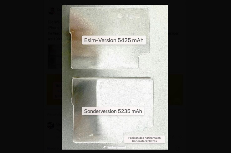 Deze afbeelding zou de batterijen van beide versies van de iPhone 18 Pro Max moeten tonen (automatisch vertaald).