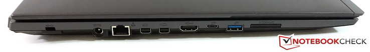 Links: Kensington Lock, power supply, RJ45-LAN, 2x mini-DisplayPort 1.2, HDMI, USB Typ-C (Gen1), USB 3.0, SD-card reader