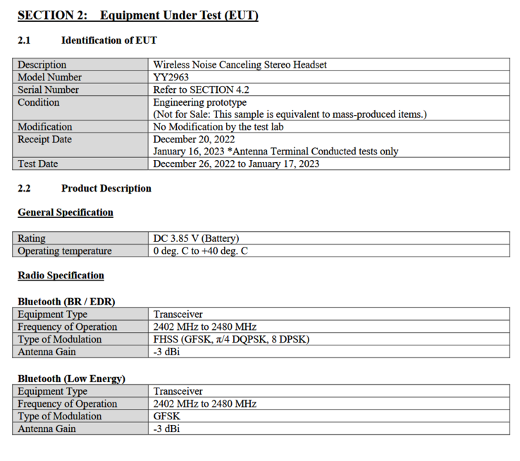 Sony WF-1000XM5 FCC notering (afbeelding via FCC)