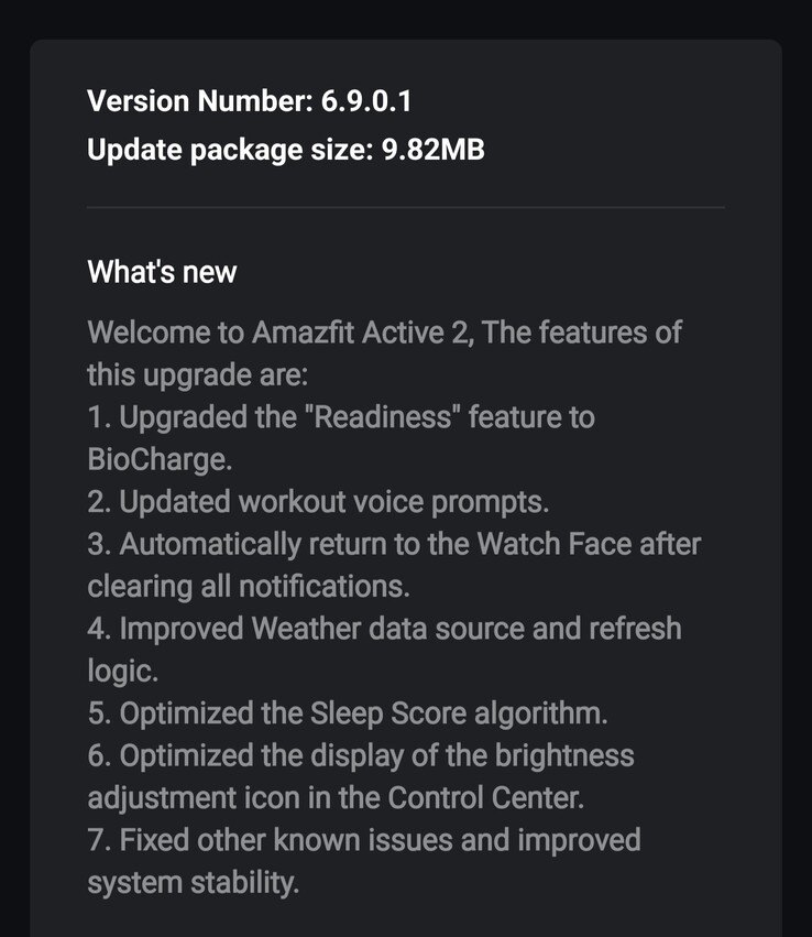 De release notes voor softwareversie 6.9.0.1 voor de Amazfit Active 2 smartwatches. (Afbeeldingsbron: 4PDA forum)