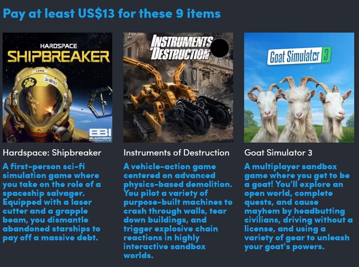 Spelposters en beschrijvingen. Als u $13 betaalt, krijgt u alle 9 spellen (Afbeelding bron: Humble Bundle)