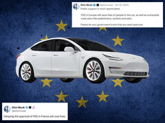 Tesla met EU-vlag en reacties van X op de achtergrond
