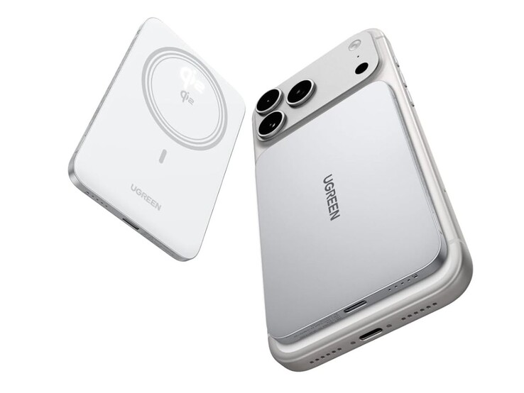 De witte Ugreen MagFlow Air Magnetische Power Bank (5000mAh, Qi2 15W)