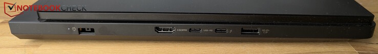 Links: Voeding, HDMI, USB-C met Thunderbolt 4 (DisplayPort), USB-C (10 Gbps, Power Delivery 65-100 W, DP), USB-A (10 Gbps, Altijd aan)