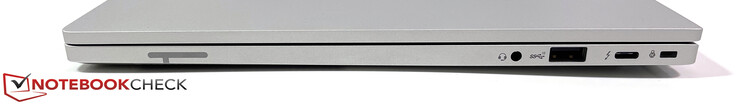 Rechterzijde: 3,5 mm Stereo, USB-A (3.2 Gen.2), USB-C (Thunderbolt 4, DisplayPort Alt 1.4, opladen), Kensington NanoSaver