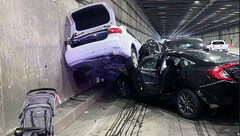 Deze kettingbotsing zou zijn veroorzaakt door het FSD-remmen van de Tesla (foto: CHP)