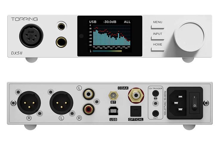 De Topping DX5 II DAC heeft 3,5 mm, 4,4 mm, 6,4 mm en XLR hoofdtelefoonaansluitingen, RCA luidsprekeraansluitingen en SPDIF- en USB-ingangen. (Afbeeldingsbron: Topping)
