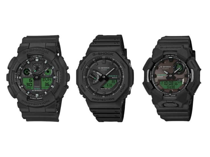 Van links naar rechts: de Casio G-Shock GA-100BEG-1A, GA-B2100BEG-1A en GA-B010BEG-1A horloges