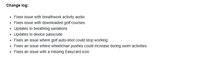 De release notes voor bètaversie 15.05 voor Garmin's Venu 3 en vivoactive 5 smartwatches. (Afbeelding bron: Garmin)