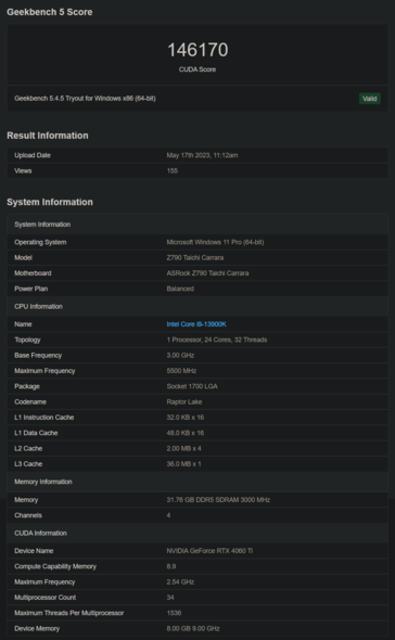 Nvidia GeForce RTX 4060 Ti Geekbench (afbeelding via Geekbench)