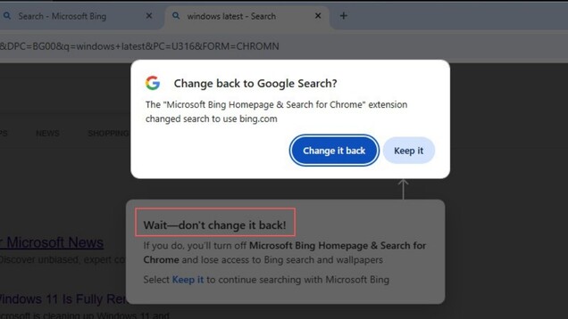 Chrome stelt voor om terug te schakelen naar Google Search, terwijl de extensie van Microsoft gebruikers aanspoort om bij Bing te blijven.