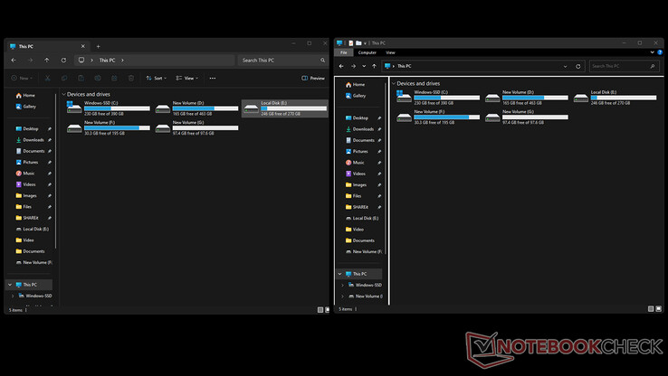 Oude vs. nieuwe Verkenner, beide tegelijk open op Windows 11 (Afbeeldingsbron: Notebookcheck)