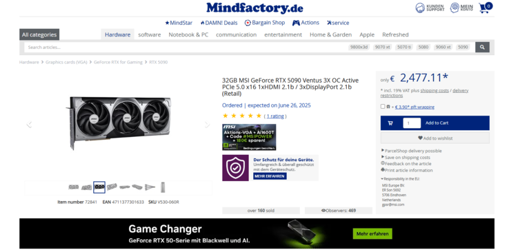 De huidige prijs van de MSI RTX 5090 Ventus 3X OC (Afbeelding bron: Mindfactory)