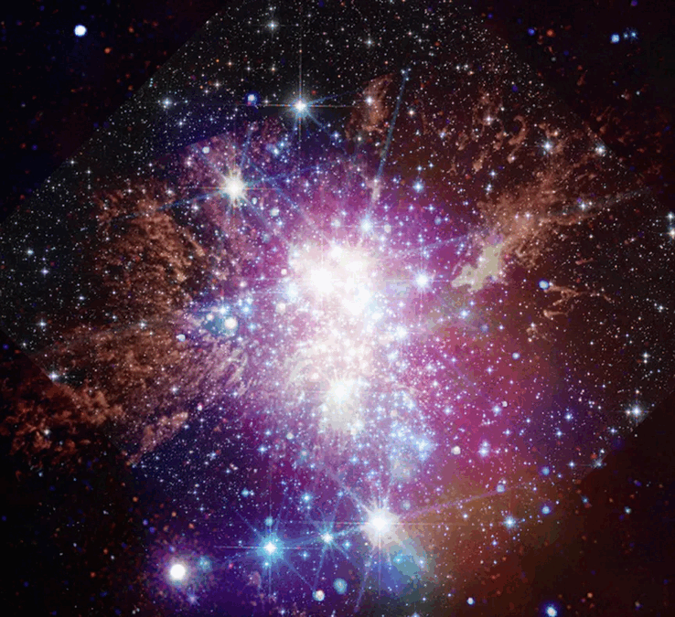 De afbeelding van Westerlund 1 zoals vastgelegd door JWST, Hubble en Chandra (Afbeeldingsbron: diverse - zie bronnen)