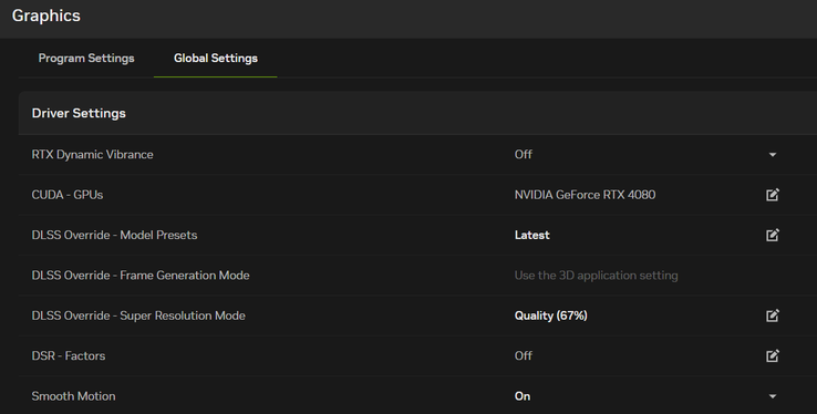 Mogelijke instelling voor de globale instellingen van DLSS en Smooth Motion (persoonlijke Nvidia-app van de redacteur)