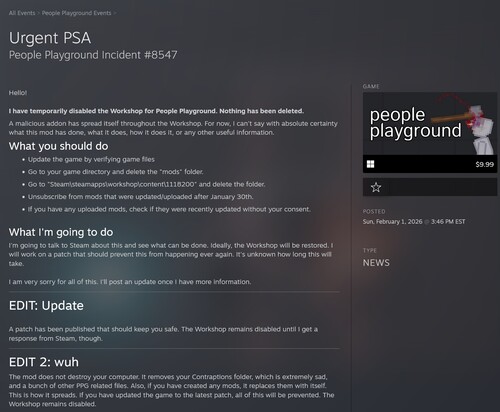 Ontwikkelaar update over People Playground mod met virus