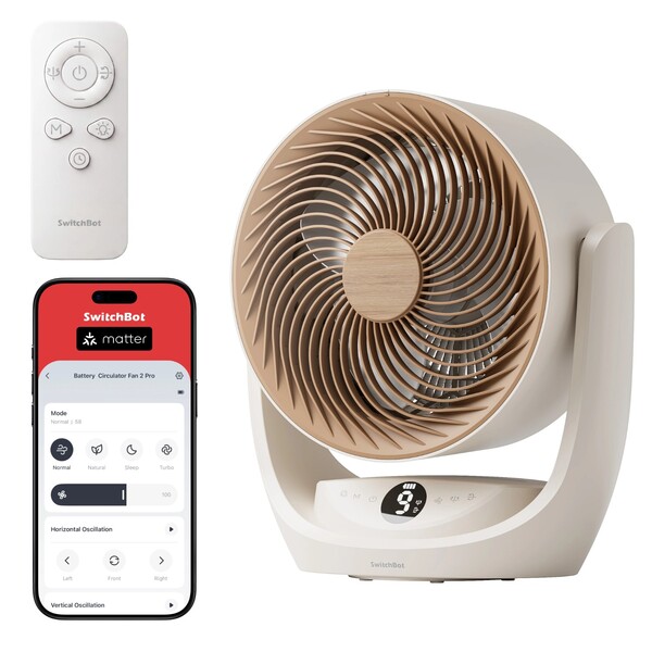 De SwitchBot Battery Circulator Fan 2 Pro beschikt over een afstandsbediening, bedieningsknoppen op het apparaat zelf en ondersteuning voor Matter.