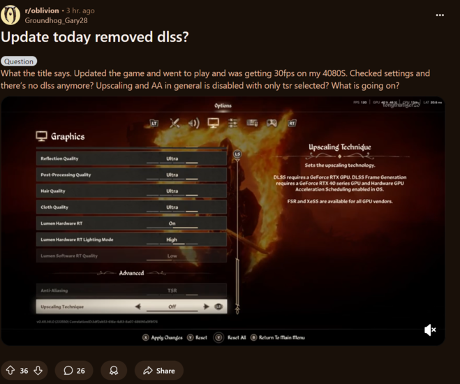 The Elder Scrolls IV: Oblivion Remastered DLSS ontbreekt op Reddit (Afbeelding bron: screenshot, Oblivion subreddit)