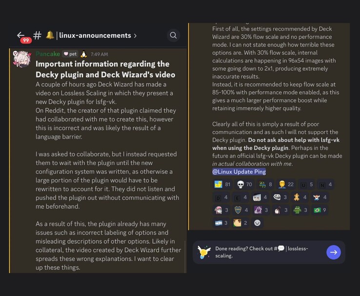 Een Discord-aankondiging van PancakeTAS waarin ze verduidelijken dat ze niet betrokken waren bij het maken van de Decky-plug-in voor LSFG-VK, waarin ze de standaardinstellingen bekritiseren die in de plug-in worden gebruikt en aangeven dat ze er geen ondersteuning voor zullen bieden. (Afbeeldingsbron: Discord/@PancakeTAS)