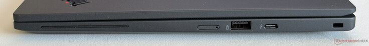 Rechterzijde: Nano-SIM-kaartsleuf, USB-A 3.2 Gen.2 (5 Gbps, met stroomvoorziening), USB-C 4.0 met Thunderbolt 4 (40 Gbps, DisplayPort 2.1, Power Delivery), Kensington Nano-beveiligingssleuf