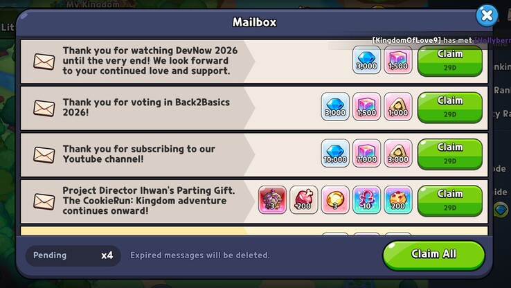 CookieRun: Kingdom's mailbox toont verschillende beloningsclaims in verband met recente promo's en evenementencampagnes, waaronder DevNow 2026, Back2Basics 2026, beloningen voor YouTube-abonnees en het afscheidscadeau van Projectdirecteur Ihwan.