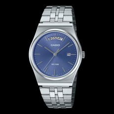 Casio MTP-B146D-2AV roestvrijstalen horloge met een lichtblauwe wijzerplaat met zonnestraalpatroon, een zilveren armband, een dagweergave op 12 uur en een datumvenster op 3 uur.
