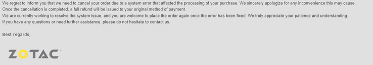 E-mail verzonden naar klanten door ZOTAC. (Afbeelding Bron: Reddit) 