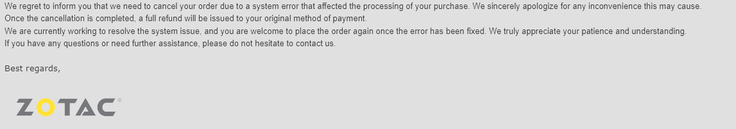 E-mail verzonden naar klanten door ZOTAC. (Afbeelding Bron: Reddit) 