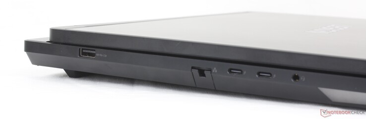 Links: USB-A (10 Gbps), RJ-45, 2x USB-C Thunderbolt 4 w/ DisplayPort 2.1 + Power Delivery 3.0 140 W), 3,5 mm headset