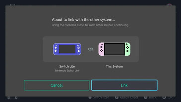 Stap 2 van het koppelen van Nintendo Switch consoles voor het delen van virtuele spelkaarten: Dit scherm, getiteld 'About to link with the other system...', instrueert de gebruiker om de Nintendo Switch consoles dicht bij elkaar te brengen voordat hij op de knop 'Link' drukt.