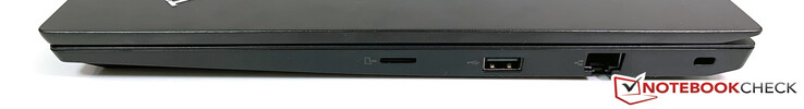 Rechts: microSD-lezer, USB 2.0, Gigabit Ethernet, security-lock