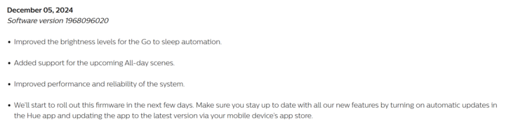 De release notes voor de Philips Hue Bridge software versie 1968096020 . (Afbeeldingsbron: Philips Hue)