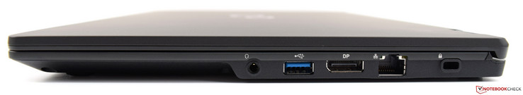 Rechterkant: 3.5 mm poort, x1 USB 3.0 Type-A, DisplayPort, Ethernet, Kensington lock