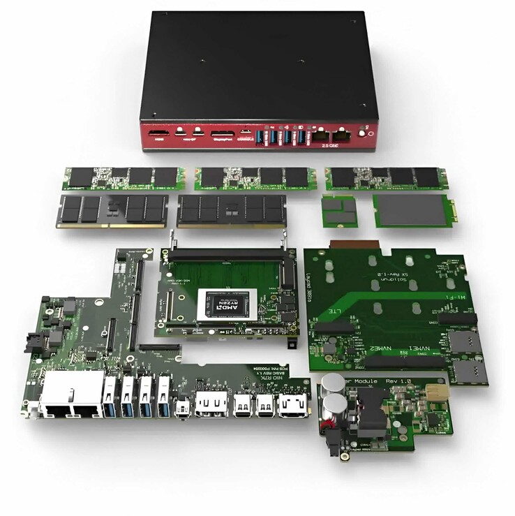 De Bedrock RAI300 ventilatorloze mini PC kan worden uitgerust met veel uitbreidingsmodules. (Afbeeldingsbron: SolidRun)