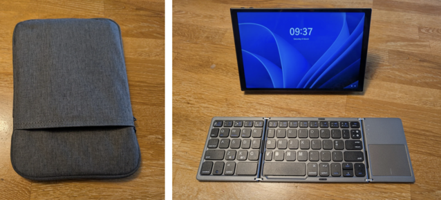 De Legion Go gebruiken als mobiele productiviteitsmachine werkt verrassend goed en is minuscuul klein op te vouwen. Zorg wel voor een vlakke ondergrond. (Afbeelding Bron: Notebookcheck)