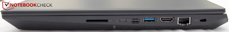 Rechts: SD-kaartlezer, USB-C 3.1, mini-DP, USB-A 3.0, HDMI, Ethernet, Kensington