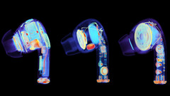 De AirPods Pro 2 naast twee vervalsingen van links naar rechts. (Afbeeldingsbron: Lumafield & @JonBruner)