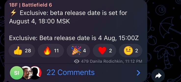 Begintijd Battlefield 6 open bèta gelekt (Afbeelding bron: GamingLeaksandRumours subreddit, 1BF Telegram kanaal)