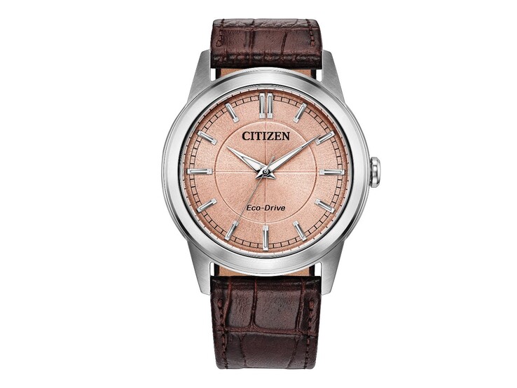 Het Citizen Rolan AW2110-14Z-horloge heeft een zalmkleurige wijzerplaat, een roestvrijstalen kast en een bruine leren band.