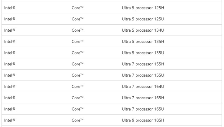 Screenshot van het Microsoft ondersteuningsdocument met de Core Ultra CPU's (Afbeelding: @momomo_us)