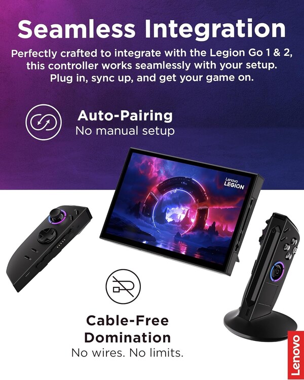 De Legion Go 2 Truestrike controllers hebben pogo pinnen voor het opladen en verbinden met het apparaat, maar hebben ook een USB-C poort voor het opladen. (Afbeeldingsbron: Lenovo)