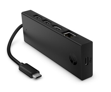 HP draagbare USB-C 4K HDMI-hub met meerdere poorten en geïntegreerde USB-C-kabel (Afbeelding bron: HP)