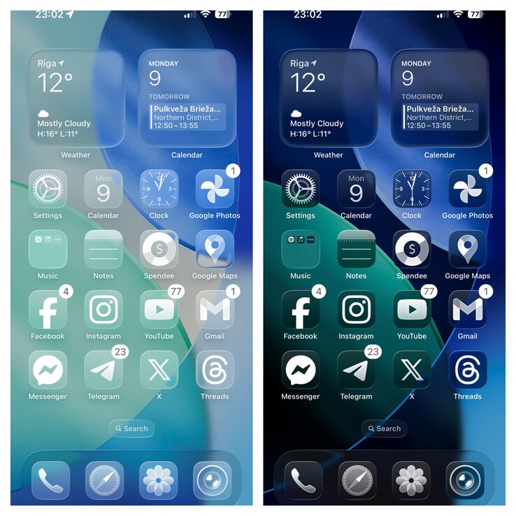 iOS 26-modus Helder Licht vs. Helder Donker. (Afbeeldingsbron: Ben Geskin op X)