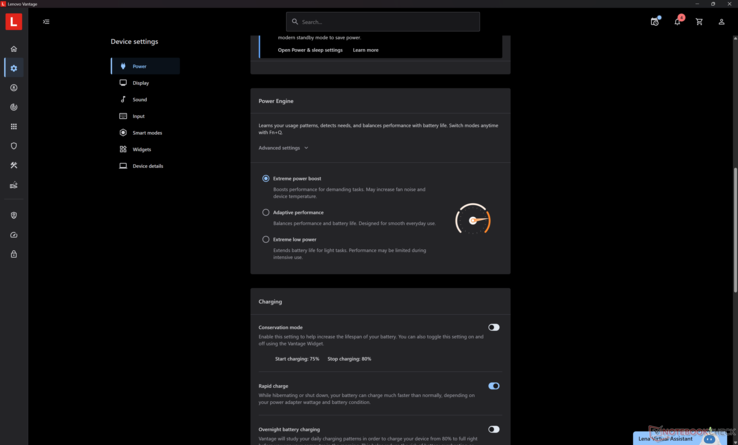De drie energieprofielen van Lenovo zijn toegankelijk via Lenovo Vantage. Ze komen ook overeen met de drie standaard energieprofielen van Windows
