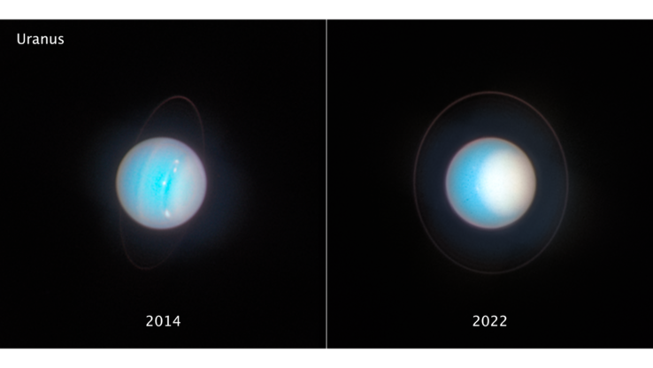 Zij-aan-zij beelden van Uranus, acht jaar na elkaar gemaakt met de Hubble ruimtetelescoop (Afbeeldingsbron: NASA, ESA, STScI en anderen)