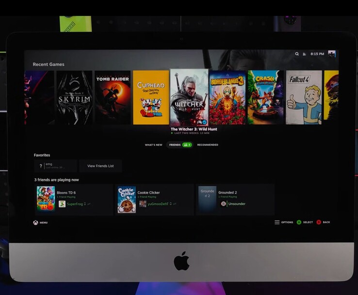 SteamOS draait op een 2019 iMac en toont een spelbibliotheekinterface met titels als The Witcher 3, Cuphead, Fallout 4 en Skyrim. (Afbeeldingsbron: ETA PRIME op YouTube)