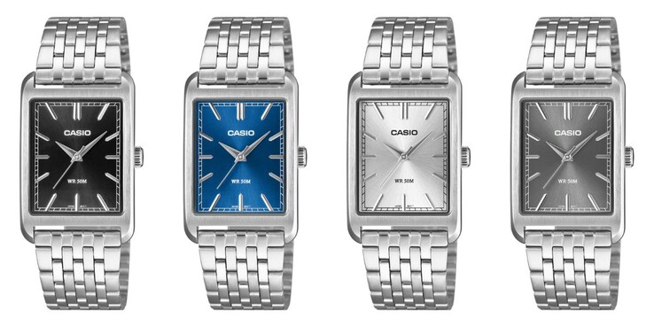 Van links naar rechts: de Casio MTP-B215D-1AV, MTP-B215D-2AV, MTP-B215D-7AV en MTP-B215D-8AV horloges