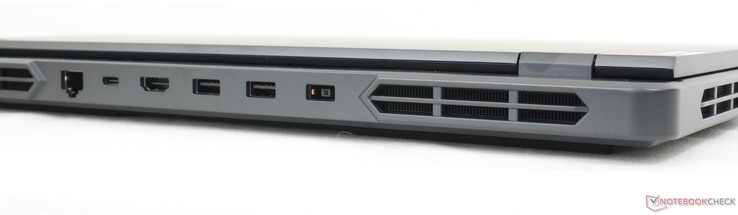 Achterkant: 1 Gbps RJ-45, USB-C 3.2 Gen. 2 w/ PD (140 W) + DisplayPort 1.4, HDMI 2.1, 2x USB-A 3.2 Gen. 1, AC-adapter