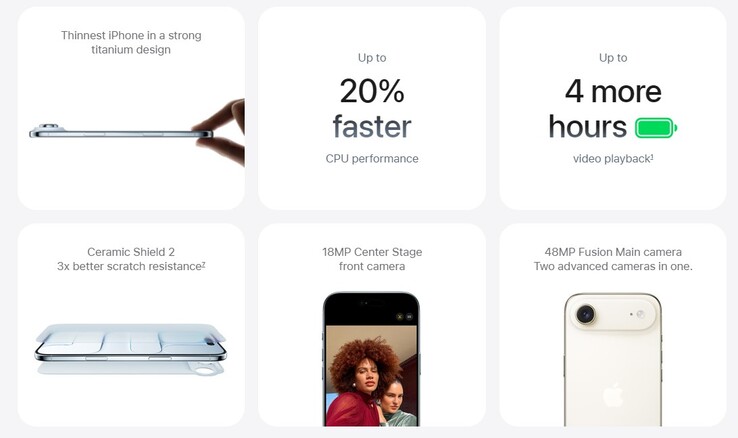 De gebruiksduur van de batterij en camerafuncties van de nieuwe iPhone Air. (Afbeeldingsbron: Apple)
