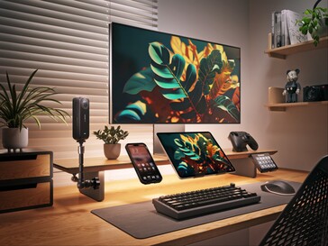 Slimme LED-monitorstandaard met accessoires.